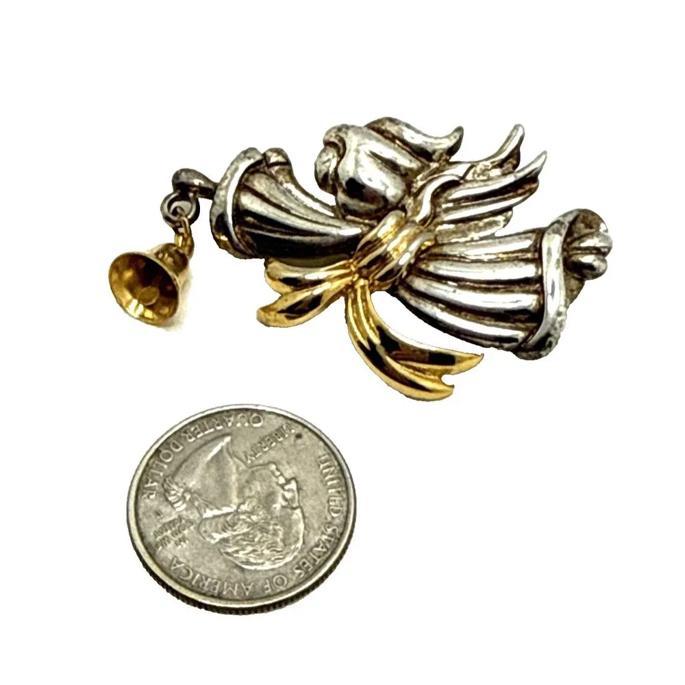 Vintage TONA Angel with Bell Brooch Silver Gold Tone Dangle Charm Pin 2